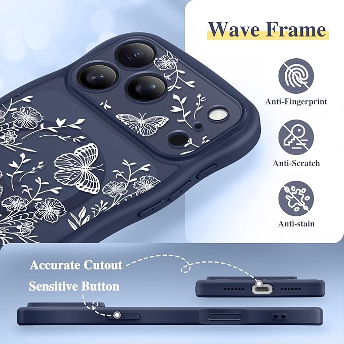 GVIEWIN for iPhone 17 Pro Case Compatible with MagSafe [Curly Wave Edge][Full Camera Protection] Floral Translucent Shockproof Magnetic Women Phone Case for iPhone 17 Pro 6.3'', Tuberose/Blue