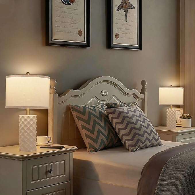 Gentle Beige & Star Diamond Ceramic Table Lamps (Set of 2) - 23" Luxe Modern Bedside Lamps for Nightstand,bedrooms, Living Rooms, or entryways & Rotary Switch,No Bulbs