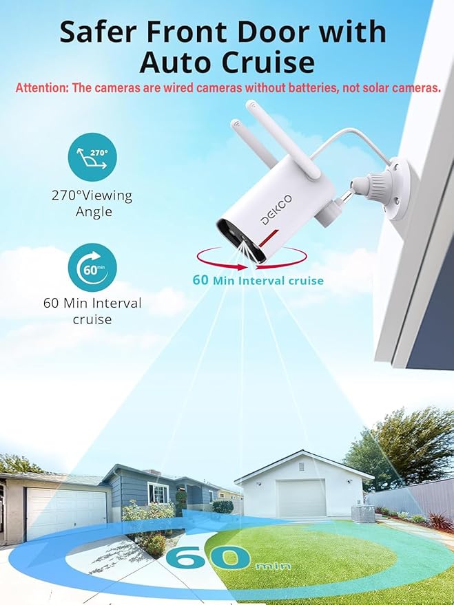 DEKCO 2 Pack Outdoor Security Camera with 2K Color Night Vision, Pan Rotating 180° Wired WiFi Camera Support 24/7 Recording, 2.4GHz WiFi, AI Human Auto Tracking, Work with Alexa/Google Assistant