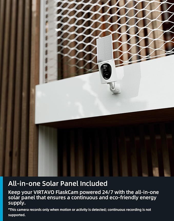 VIRTAVO SolarFlask 2K Solar Security Cameras Wireless Outdoor, Starlight Lens, Color Night Vision, PIR Motion Detection, Battery-Powered, 2-Way Audio, Weatherproof, Cloud/SD Storage, 2.4GHz WiFi