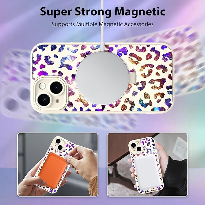 KANGHAR Compatible with iPhone 15 Case, Support for MagSafe, Silicone Cute Iridescent Leopard Cheetah Pattern, Wristband Kickstand Shockproof Protective Slim Cover for Women Girls, White