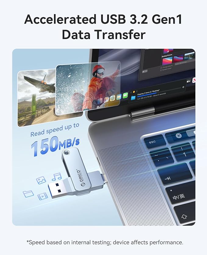 ORICO USB-Cand USB-A Flash Drive 150MB/S Metal Housing Swivel Design Support OTG Function 2 in 1 PenDrive 256GB for USB C and USB A Devices -EB05 BL