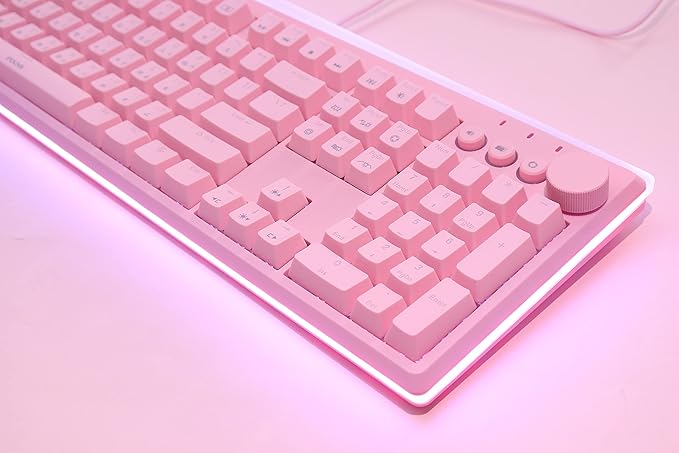i-rocks K71M RGB Mechanical Gaming Keyboard with Media Control Knob, Switches (Red), 107 Keys w/Full NKRO, PBT Keycaps, Multimedia Hotkeys, Detachable USB-C Cable and Onboard Storage, Pink