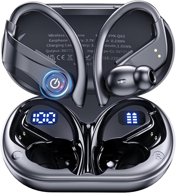 Earbuds Wireless Earbuds 120H Playback Bluetooth 6.1 Headphones IPX7 Waterproof Stereo Bass Over-Ear Headphones with Earhooks Microphone LED Battery Display for Sports Running Workouts