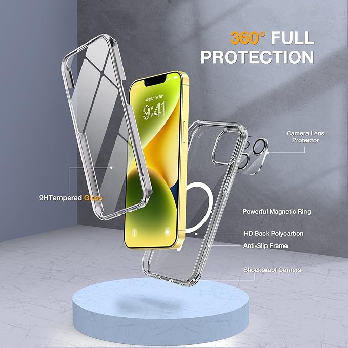 Miracase Glass Series Designed for iPhone 14 Plus Case 6.7 inch, 2023 Upgrade Full-Body Magnetic Clear Case with Built-in 9H Tempered Glass Screen Protector,Compatible with MagSafe,Clear