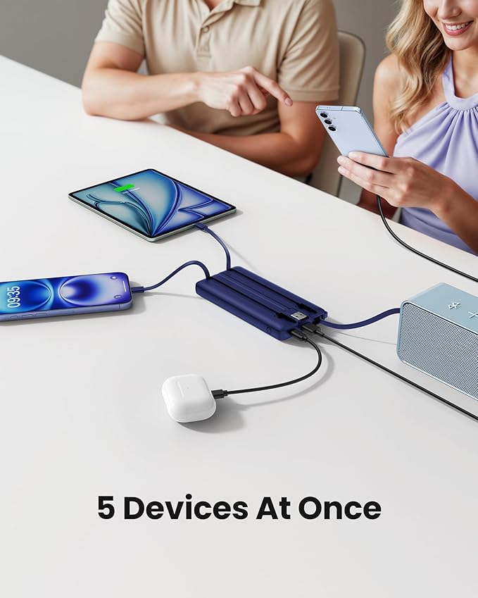 Portable Power Bank, Compact 10000mAh Portable Charger with 4 Cables, USB C Battery Pack 5 Outputs 2 Inputs LED Display Compatible with iPhone/Android & More (Navy Blue)