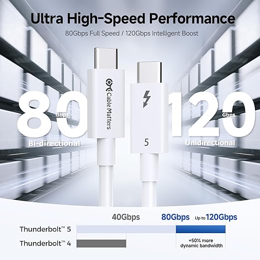 Cable Matters [Intel Certified] 80Gbps Thunderbolt 5 Cable with up to 120Gbps Bandwidth Boost and 240W Charging - 1m / 3.3ft, Compatible with Thunderbolt 4, USB4, and USB C, White