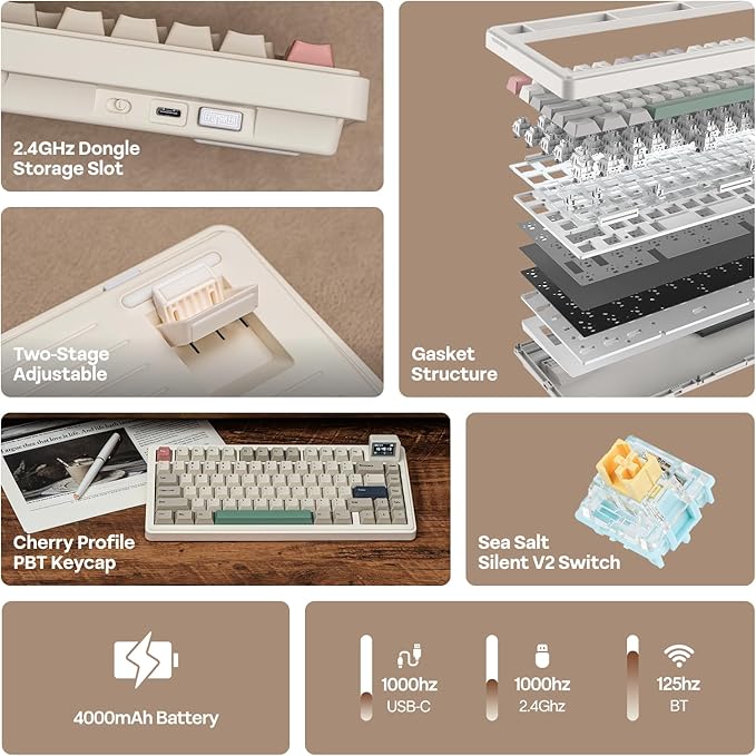 EPOMAKER RT82 Wireless Mechanical Keyboard with Screen, VIA Custom, 2.4GHz/USB-C/BT5.0, RGB Backlit, Gasket, 5-Paddings, PBT Keycaps, Hot-Swap Retro Gaming Keyboard (Sea Salt Silent)