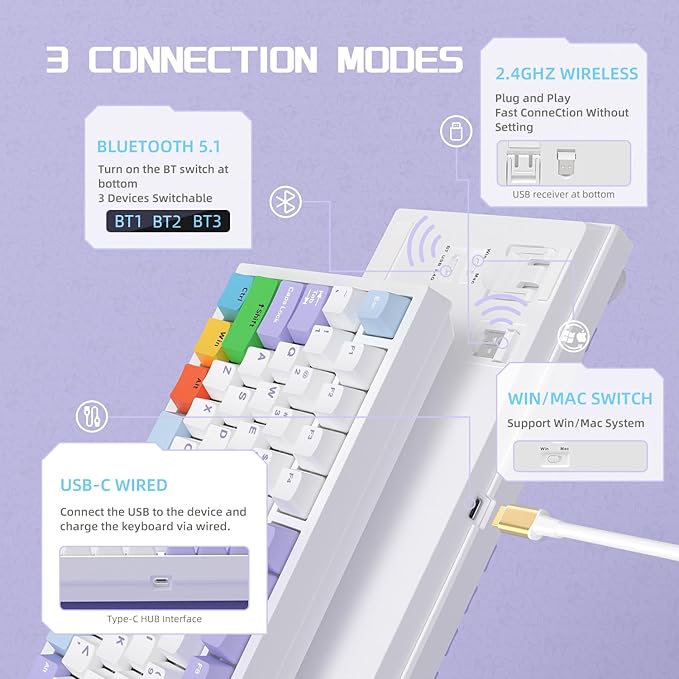 Attack Shark ajazz AK820 Pro 75% Mechanical Keyboard and Coiled Cable Hot Swappable Wireless 2.4GHz/Bluetooth/Wired TFT Screen & Knob Flying Fish Switch RGB Gasket Mount Custom Keyboard-Purple