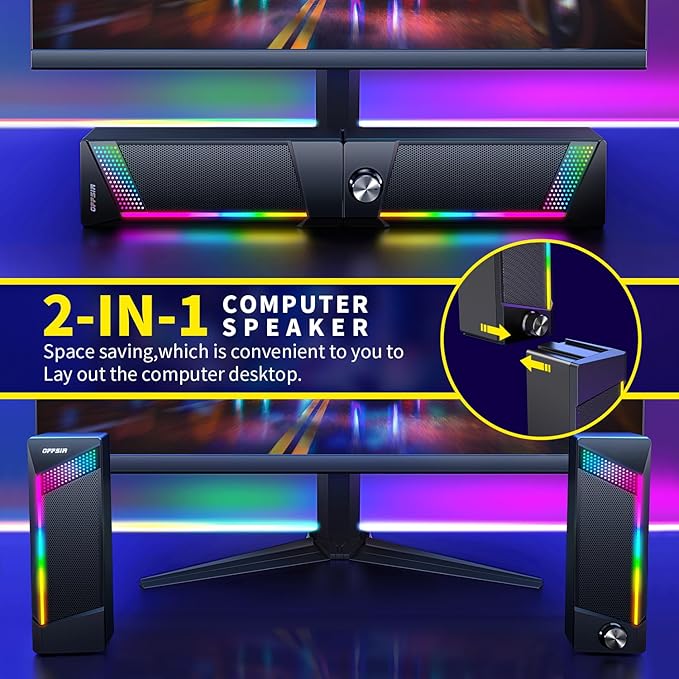 Computer Speakers, 2 in 1 PC Speaker , Gaming Speakers for PC Computer Laptop Desktop Monitor, RGB Speakers with Touch Sensitive Lighting, USB Powered 3.5mm Aux（Package Only Two Speaker, No Soundbar）