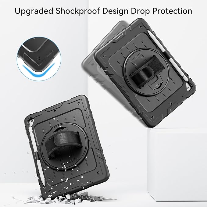 Case for iPad 6th/5th Generation 9.7'' with Screen Protector Pencil Holder [360 Rotating Hand Strap] &Stand, Drop-Proof Case for iPad 6th/5th/ Air 2/ Pro 9.7(Black)