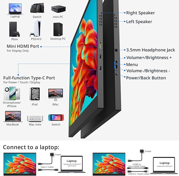 AYY 4k Portable Monitor Touchscreen, 13.4" 3840x2160 Second Screen 100% sRGB,400cd HDR USB C Ultra Slim IPS Laptop Monitor, for Mac Switch