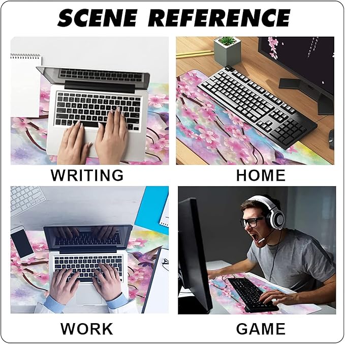 Extended Large Gaming Mouse Pad Spring Peach Blossoms and Hummingbirds XXL Size Keyboard Mouse Mat Desk Pad with Non Slip Rubber Base Stitched Edges Office Decor for Women Girls Men,35.4 x 15.7inch
