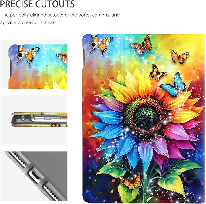 for iPad 9th Generation Case, iPad 8th Generation Case, iPad 7th Generation Case,ipad case 9TH generation 10.2 inch Shockproof Multi-Angle View Adjustable Stand Auto Wake/Sleep Oil Painting Sunflowers