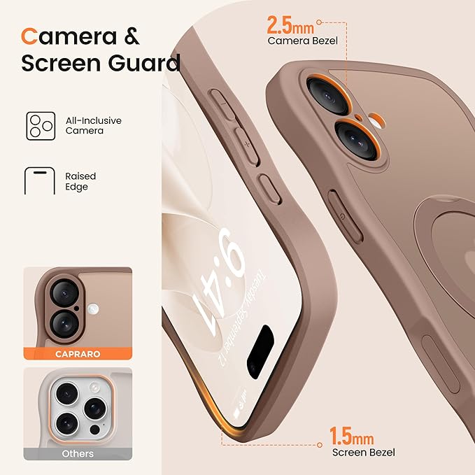 CAPRARO for iPhone 16 Plus Case with 360° Spin Magnetic Stand for Women, [Compatible with MagSafe] [Full Camera Protection] Cute Wave Translucent Matte Case for iPhone 16 Plus, Brown