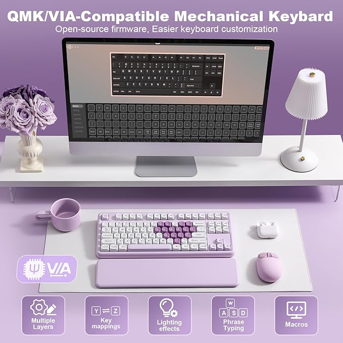 YUNZII B87 Wireless Mechanical Keyboard,QMK/VIA Programmable,TKL Layout 87 Keys,BT/2.4G/USB-C,Hot Swap Gasket Mount RGB Backlit Gaming with Wrist Rest for Win/Mac (Purple Heart, Milk V2)