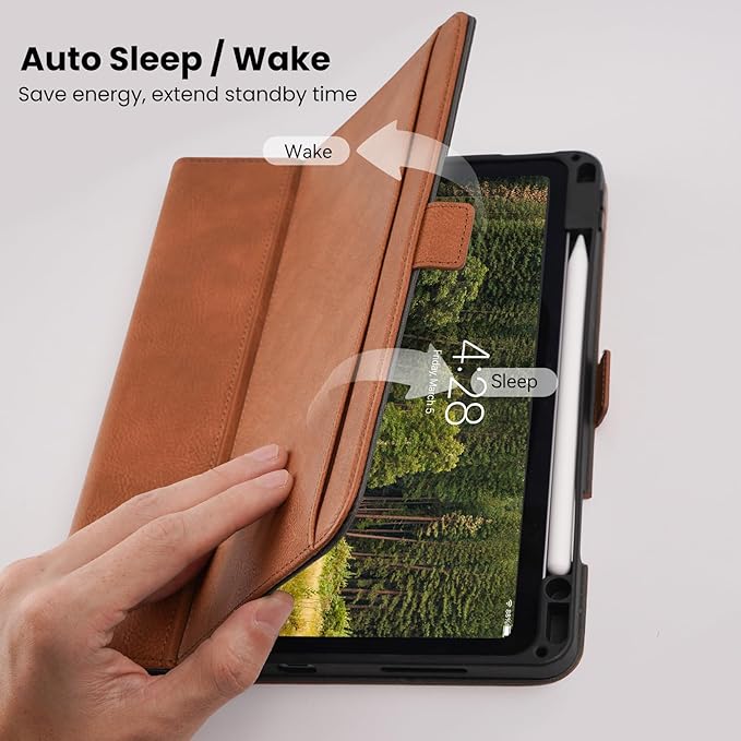 Handmade Case for iPad Pro 11 Inch (M5/M4) 2025/2024 with Pencil Holder Pocket,Magnetic Closure,Auto Sleep/Wake,Vegan Leather Folio Protective Cover,Multi Angles Stand,Brown