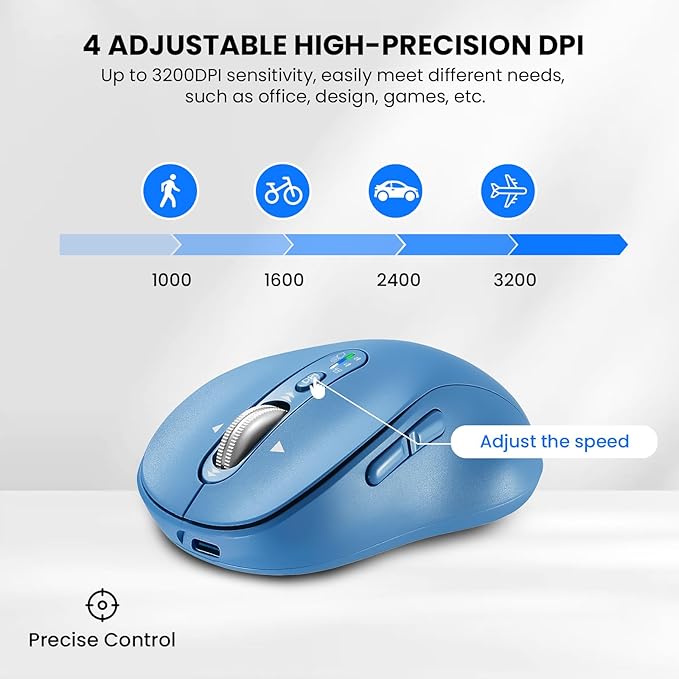 Wireless Bluetooth Mouse Rechargeable,USB+BT×2,Multi Device Quiet Ergo Computer Mouses,Metal 4-Way Super Scrolling,± 3200 DPI,10 Button,Plug&Play,Cordless Mice for Laptop,Tablet,Mac,iPad,PC,Phone-Blue