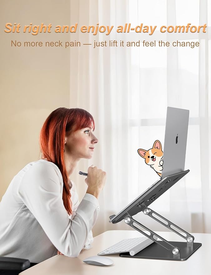 Aoviho Laptop Stand for Desk-Adjustable, Foldable, Portable, Ergonomic Aluminum Notebook Riser with Unique Puppy Cooling Vent, Desk Gift for 10"-17.3" Devices Mac, Dell, HP, Lenovo, Samsung, Gray