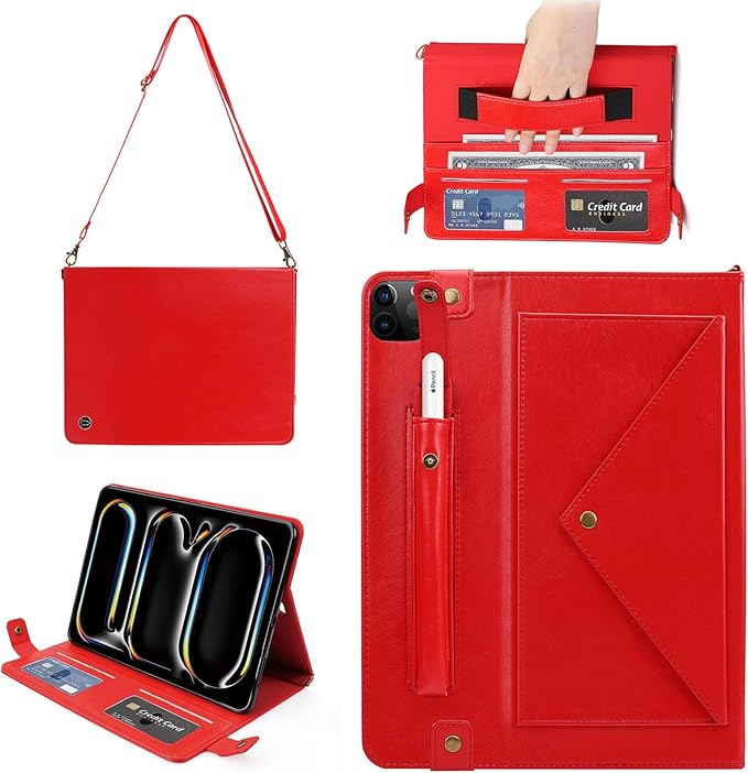 Handbag Case for iPad Pro 11-inch M5 M4 (2025/2024) - Techcircle Folio Stand iPad Crossbody Wallet Case with Pencil Holder, Hand Strap+Shoulder Strap Protective Cover, Red