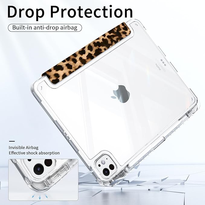 for iPad Air 13 Inch Case 2026/2025/2024 (M4/M3/M2), Slim iPad Pro 12.9" 6th/5th/4th/3rd Generation Case, Trifold Stable Stand Protective Clear Back Cover with Pencil Holder, Brown Cheetah
