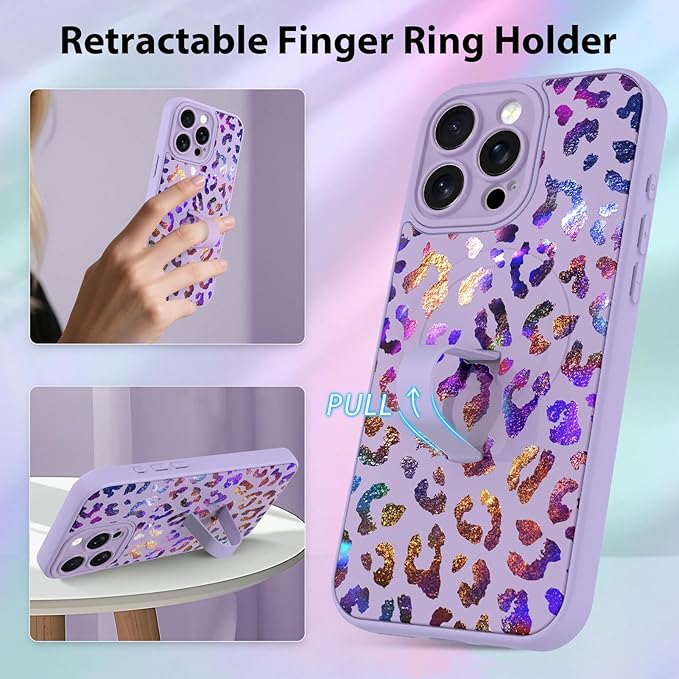 KANGHAR Compatible with iPhone 15 Pro Max Case, Support for MagSafe, Silicone Cute Iridescent Leopard Cheetah Pattern, Wristband Kickstand Shockproof Protective Slim Cover for Women Girls, Purple