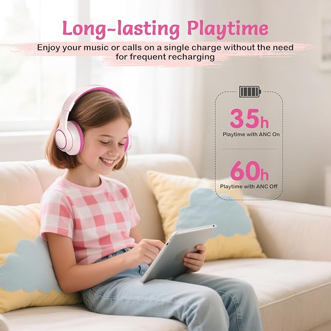 TONOSHARK Kids Bluetooth Headphones with Active Noise Cancelling, Wireless Over-Ear Headphones for Boys Girls, Foldable, Adjustable, 40H Playtime, Mic for School Travel(Pink)