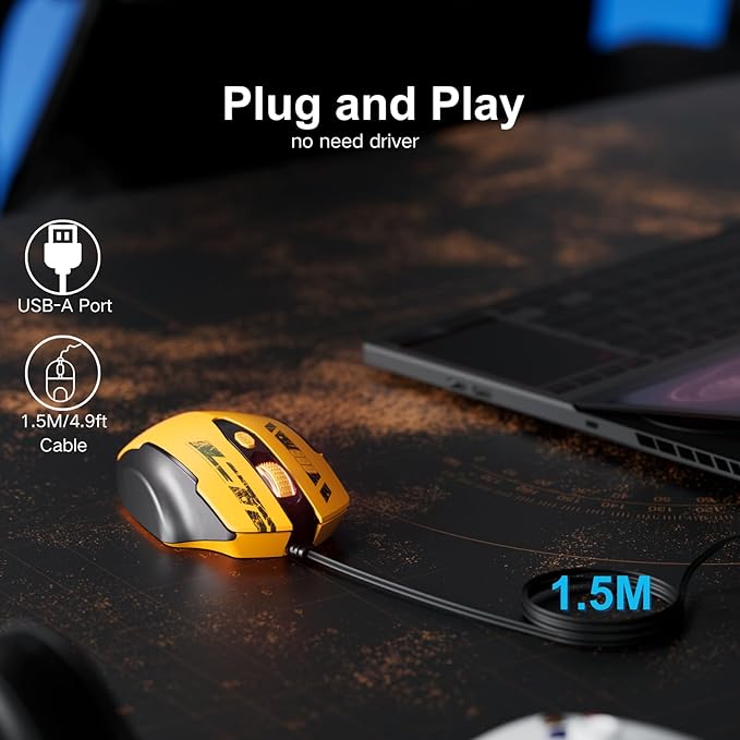 Uineer Wired Mouse, USB Mouse Wired with 6 Buttons Ergonomic Design,1.5M USB Cable Computer Mice 7200DPI Mice for PC Laptop, Yellow