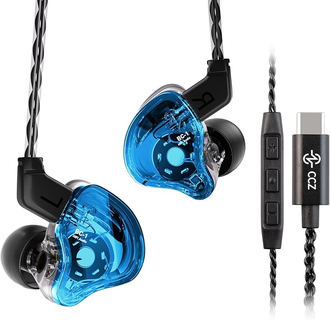 CCZ Melody USB C Headphones Wired Type-C in Ear Monitor, Professional USB C Wired Earbuds Gaming Earphones with 1BA 1DD Patent Ear fins Ear tips for Singer Musician Stage (Clear Blue, USBC-With Mic)
