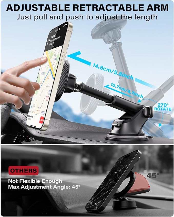APPS2Car for MagSafe Car Mount, Magnetic Phone Holder for Car Dashboard Windshield, Suction Cup Holder with Telescopic Arm, Magnetic Cell Phone Mount for iPhone MagSafe Case, Charging Not Supported