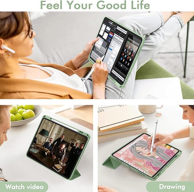 ZryXal New iPad Air 13 Inch Case M3 2025/M2 2024 with Pencil Holder, Trifold Stand Smart Case with Soft TPU Back,Auto Wake/Sleep(New Matcha Green)