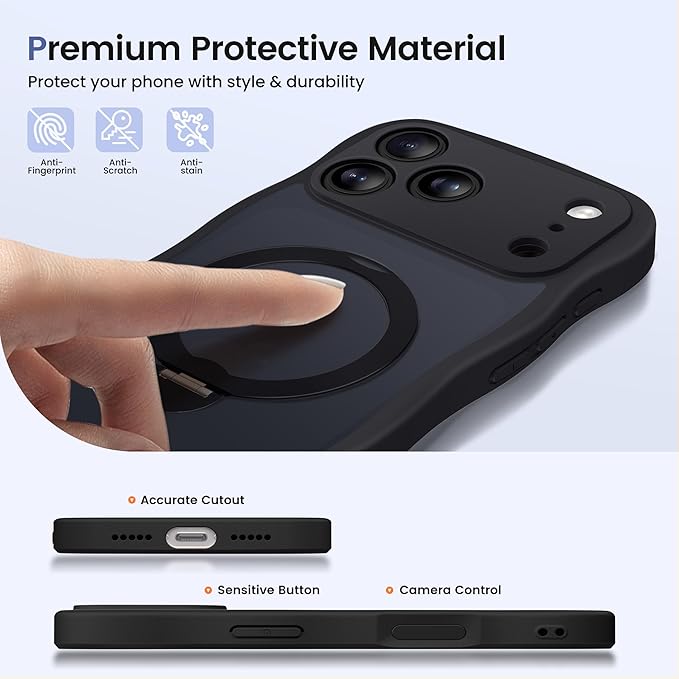 CAPRARO for iPhone 17 Pro Case with 360° Spin Magnetic Stand for Women, [Compatible with MagSafe] [Full Camera Protection] Cute Wave Translucent Matte Case for iPhone 17 Pro, Black
