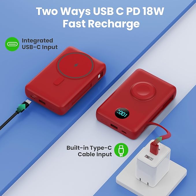 Magnetic Portable Charger for MagSafe with Built-in Cable,iWatch Charger,10800mAh Wireless Power Bank Travel Essentials,25W PD Fast Charging Battery Pack for iPhone 17/16/15/14/13/12,Apple Watch-Red