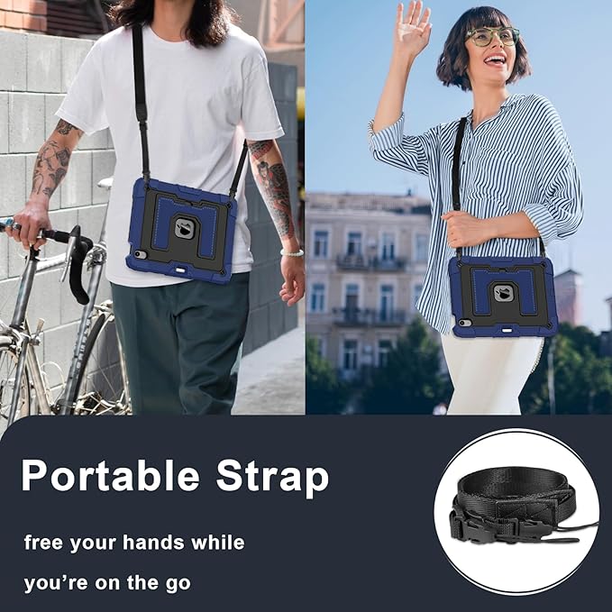 Kids Friendly Case for iPad Air 11 Inch M4 M3 M2 2026/2025/2024 Case with Pencil Holder & Shoulder Strap, Military Grade Shockproof Kickstand Hard Shell Protective Cover,Blue+Black
