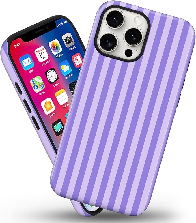 Magnetic for iPhone 15 Case Cute Stripes Phone Case, Shockproof Slim TPU and Hard PC Protective Phone Cover Compatible with MagSafe Designed for Women Girls, Light Purple