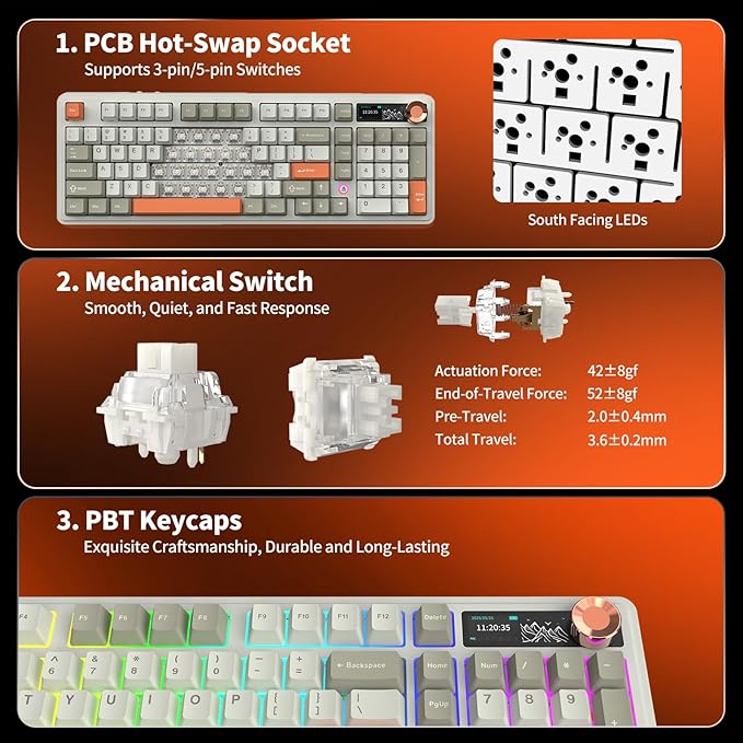 Ajazz AK980 V2 Wireless Mechanical Gaming Keyboard,Tri-Mode BT5.0/2.4GHz/USB-C 10000mAh Battery Hot Swappable RGB Backlit Computer Gaming Keyboards for PC/Tablet/PS/Xbox