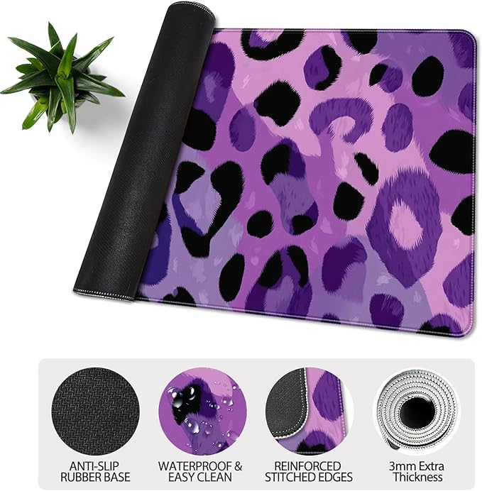 35.4 x 15.7 in, XXL Large Mouse Pad for Desk, Extended Keyboard Mouse Mat for Computer Office, Big Mouse pad with Stitched Edges, Gaming Pc-Purple Leopard Print