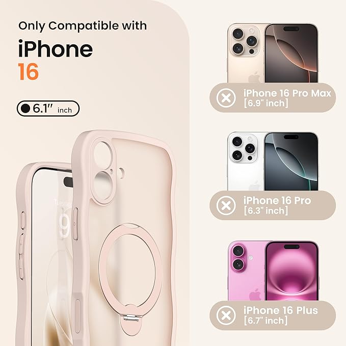 CAPRARO for iPhone 16 Case with 360° Spin Magnetic Stand for Women, [Compatible with MagSafe] [Full Camera Protection] Cute Wave Translucent Matte Case for iPhone 16, Pink Gold