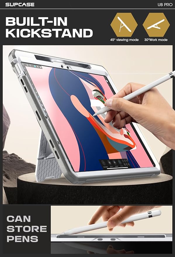 SUPCASE for iPad Air 11 Inch Case M4/M3/M2 (2026/2025/2024), [Built-in Screen Protector & Pencil Holder & Stand] Rugged Protective Cover for iPad Air 10.9 Inch 5th/4th Generation (2022/2020), White