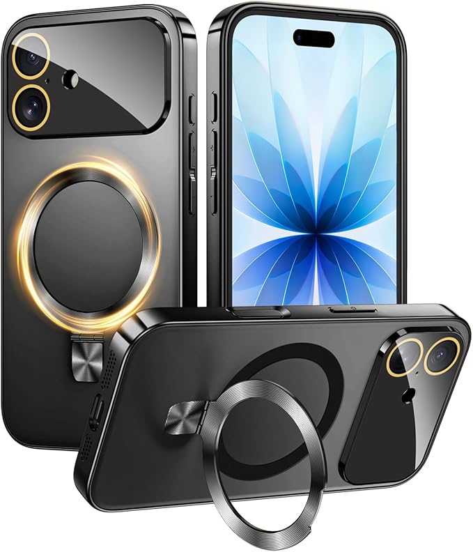 TOBOVON Magnetic for iPhone 17 Case with Ring Stand, Fits MagSafe, with Built-in Camera Lens Protector, Slim Electroplated Shockproof Phone Cover, Black