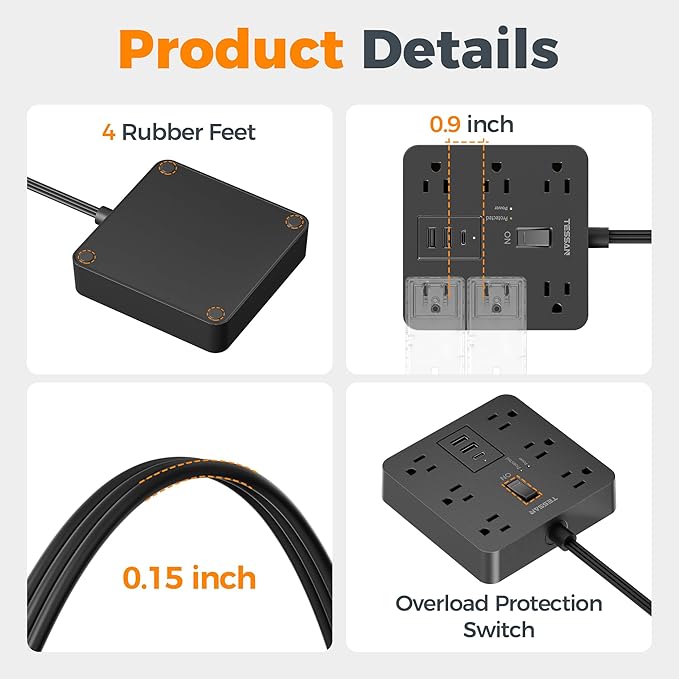 TESSAN 10Ft Black Extension Cord with Multiple Outlets, Surge Protector Power Strip with 6 Outlets and 3 USB Ports (1 USB C), 1700 Joules Protection, Flat Plug, Outlet Extender for Home, Office, Dorm