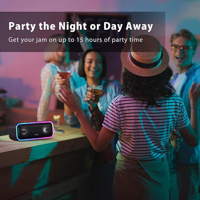 DOSS SoundBox Pro+ Bluetooth Speaker, Immersive 24W Stereo Sound with Booming Bass, IPX6 Waterproof, 15H Playtime, Mixed Colors Lights, Wireless for Backyard, Hiking, Garage, Party-Black