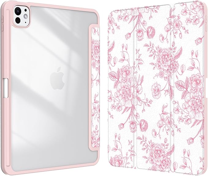 Case for iPad Pro 11-Inch M5/M4 2025/2024 (6th/5th Generation), Case with Pencil Holder, Clear Back Cover Cute Cool Design for Women Girls, Auto Sleep/Wake, Artistic Flower
