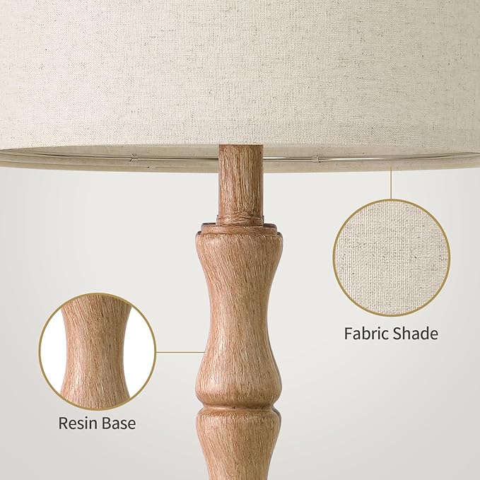 BOBOMOMO 25" Farmhouse Table Lamps Set of 2, Rustic Nightstand Lamps with Wood Grain Resin Base & Linen Shade, Standard Table Lamps for Bedroom, Living Room, Reading Nock & House Décor