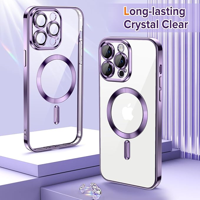 Hython Magnetic Clear for iPhone 13 Pro Max Case with Camera Lens Protector [Compatible with MagSafe] Plating Edge Slim Soft TPU Cover Protective Phone Case for iPhone 13 Pro Max 6.7", Deep Purple