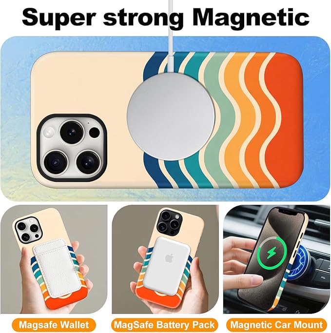 Magnetic for iPhone 15 Case Cute Stripes Phone Case, Shockproof Slim TPU and Hard PC Protective Phone Cover Compatible with MagSafe Designed for Women Girls,Retro Wave