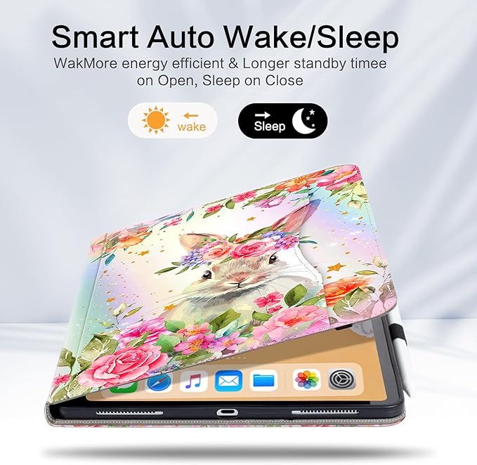 Lokigo for iPad Air 13 Inch Case M4/M3/M2 (2026/2025/2024), iPad Pro 12.9 Inch Case 6th/5th/4th/3rd Gen with Pencil Holder/Hand Strap/Pocket, Support Touch ID, Multi Angles View Stand, Rabbit Floral
