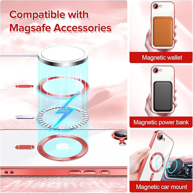 Hython Magnetic Clear for iPhone 16e Case with Camera Lens Protector [Compatible with MagSafe] Luxury Plating Edge Slim Soft TPU Cover Protective Phone Case for iPhone 16e 6.1", Red
