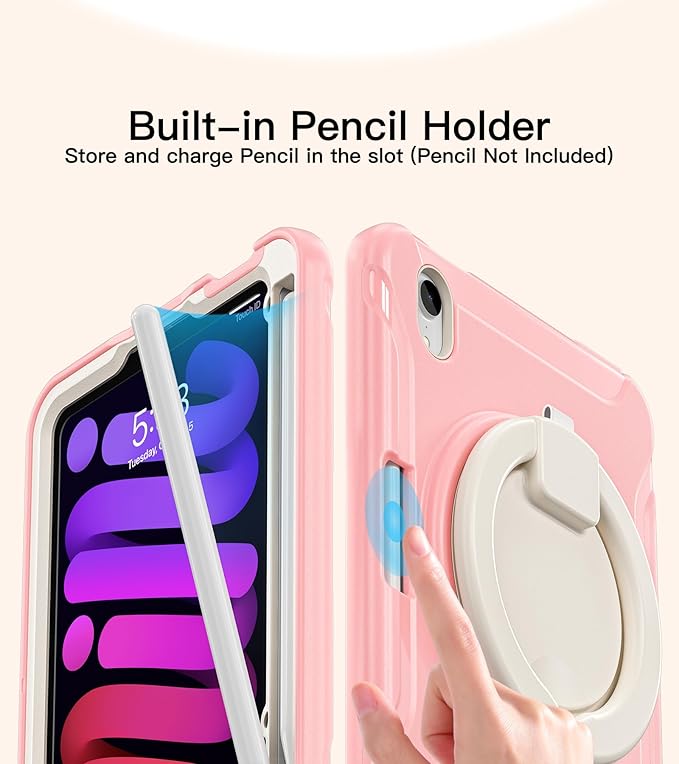 BATYUE Shockproof Case for iPad mini 7 (A17 Pro)/ Mini 6 8.3 inch (2024/2021) - 360° Multi-Angle Stand (Portrait & Landscape) & Grip, Built-in Pencil Holder, Pink