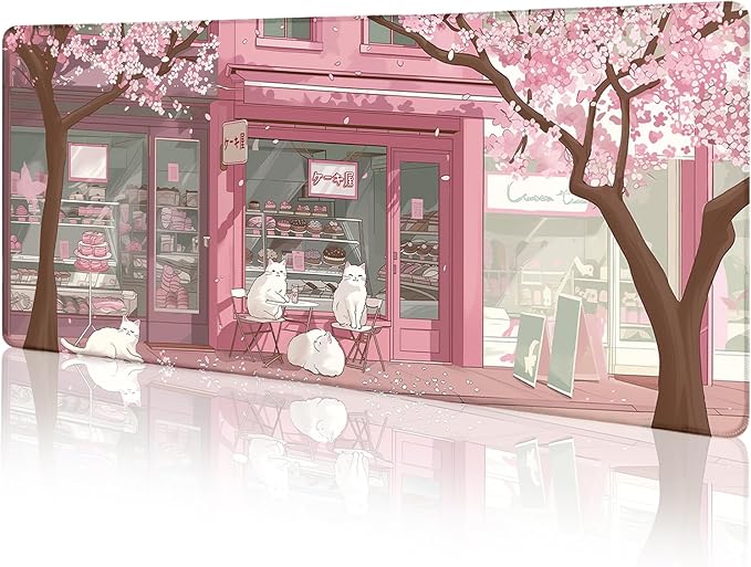LIMKRIAN Cat Mouse Pad Large Desk Mat, Pink Cherry Blossom Computer Mousepad with Stitched Edges Non-Slip, Keyboard Mouse Pad for Desktop Cute Office Desk Accessories Japanese Dessert House 31.5in